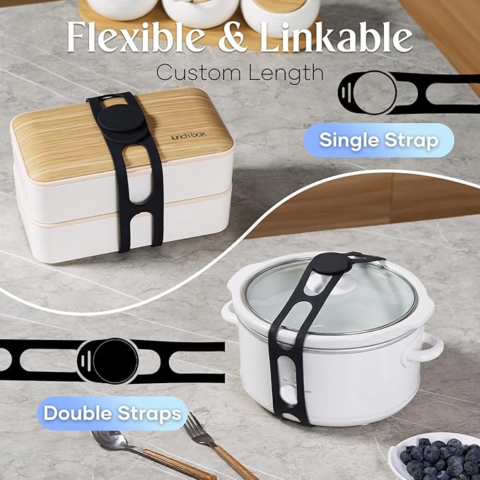 Silicone Latch Strap for Slow Cooker Lid, Pot & Food Storage - 2-Pack Black, Reusable Universal Lid Lock & Adjustable Silicone Straps for Cooking