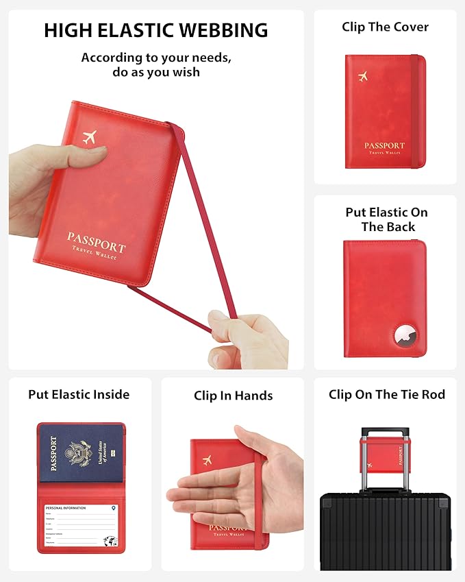 Stouchi AirTag Passport Holder, Simple Passport Holder with Airtag Slot, RFID Passport Wallet Cover for Women, Family Leather Passport Protector Case, Anti-Lost Travel Accessories, Red