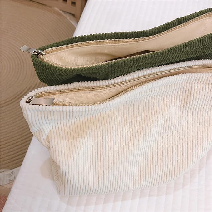HAPPYHEIDI Large Corduroy Makeup Bag with Compartment Cosmetic Toiletry Travel Pouch Office Car Accessory Organizer, Soft Creamy White