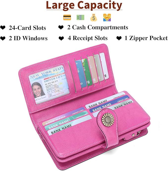 SENDEFN Wallets for Women Leather Credit Card Holder with RFID Blocking Large Capacity Wristlet | with RFID Blocking, Large Capacity, Wristlet, with RFID Blocking, Large Capacity, Wristlet