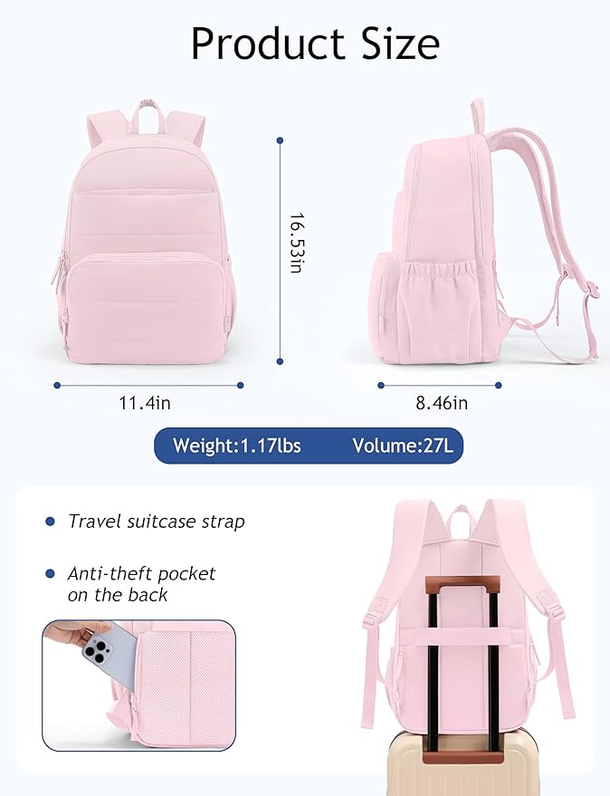 Travel Backpack for Women, 15.6 Inch Laptop Backpack, Quilted College Bookbag, Cute Work Backpacks, Water Resistant