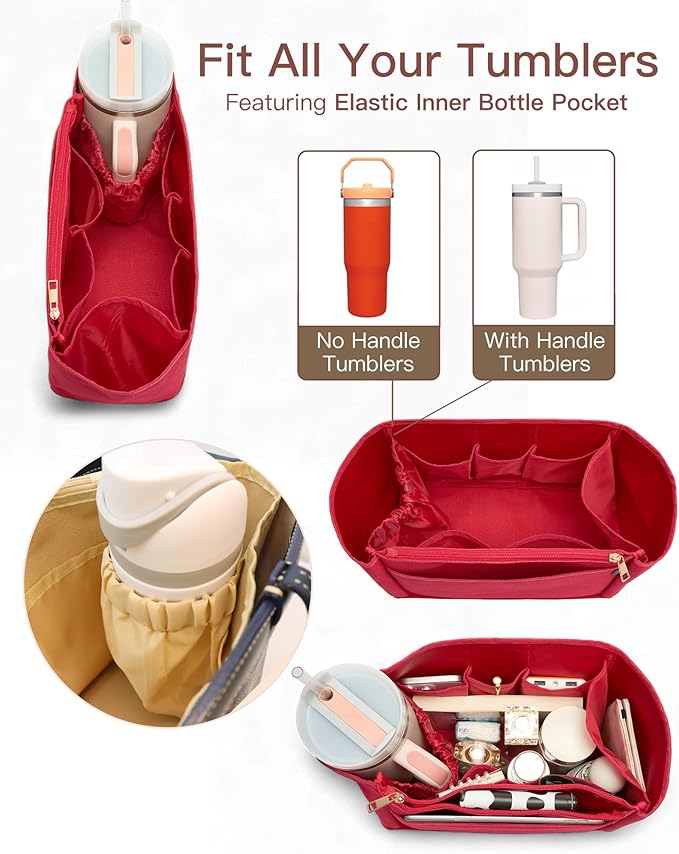 TOVICE Tote Bag Organizer Insert with Stanley Cup Holder and Zipper Bag, Compatible with Neverfull, Saint Louis and More, 9 Pockets (Red, Large)