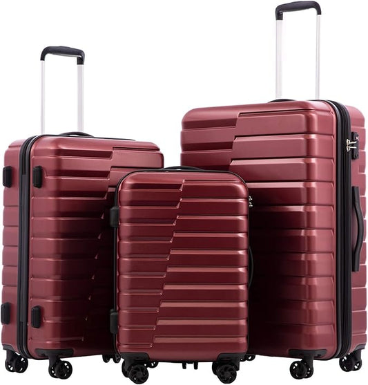 Coolife Luggage Sets, 3 Piece Hard Shell Suitcase Set with Spinner Wheels, Expandable Large Checked Luggage, Lightweight Rolling Carry On with TSA Lock Wine Red