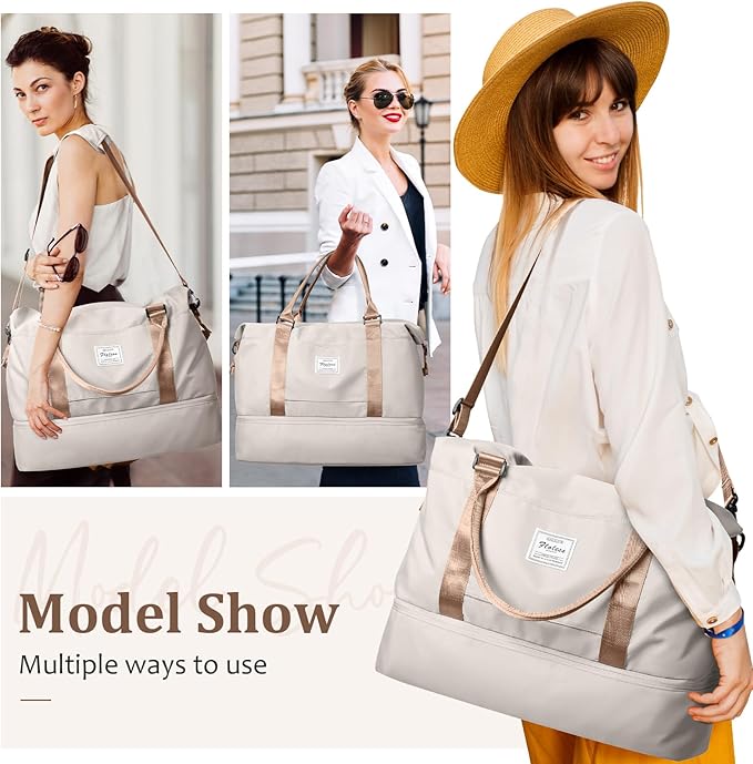 Weekender Bags for Women,Overnight Travel Duffel Bag with Shoes Compartment& Toiletry Bag,Extra Large(Beige & Brown)