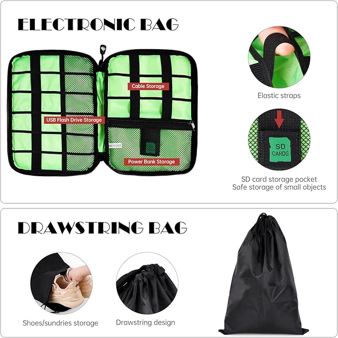 NiHome 7PCS Compression Packing Cube Set Expandable Mesh Travel Bag Luggage Organizers with Electronic Cable Cord Charger Organizer Drawstring Bag (Red)