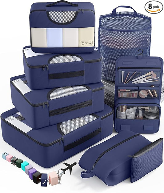 Veken 8 Set Packing Cubes for Travel Essentials, Suitcase Organizer Bags in 4 Sizes, Carry-On Luggage Accessories with Large Laundry & Hanging Toiletry Bag, Must-Have for Airplane, Road Trip & Camping