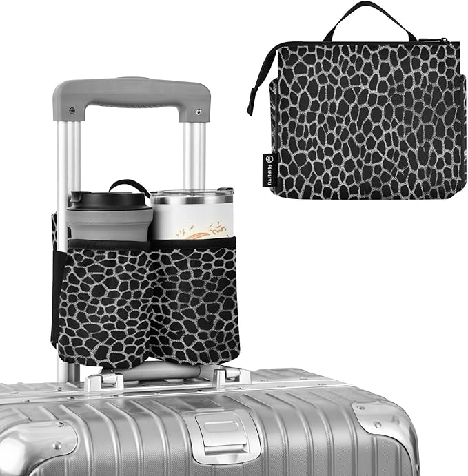 Silvery Leopard Print Black Luggage Cup Holder Travel Portable Free Hand Drink Carrier Suitcase Drinks Beverage Holder Carry-On Bottle Mug Holder Organizer Bag Travelers Accessories