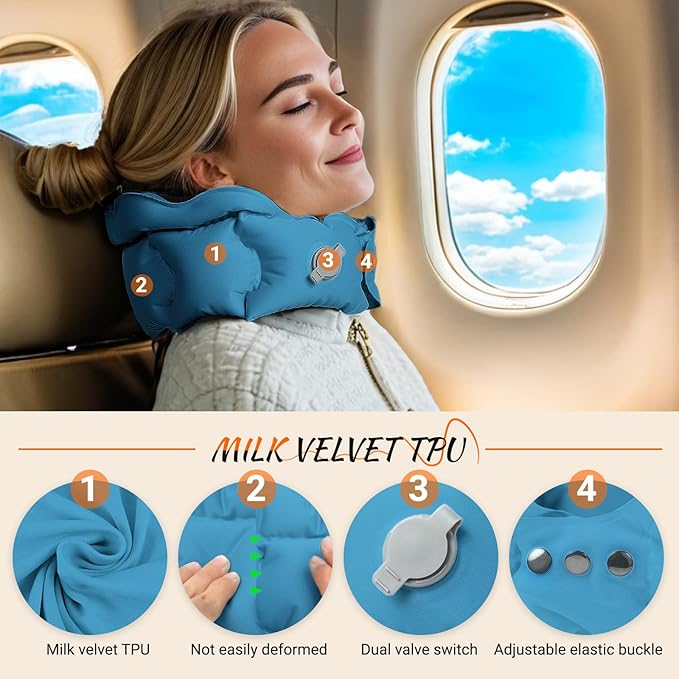Inflatable Travel Pillow for Airplane, Inflatable Neck Pillow Airplane Pillow for Travel Office Nap Neck Support, Buy 1 Get 3 Professional Sleeping Eye Mask and Highly Silent