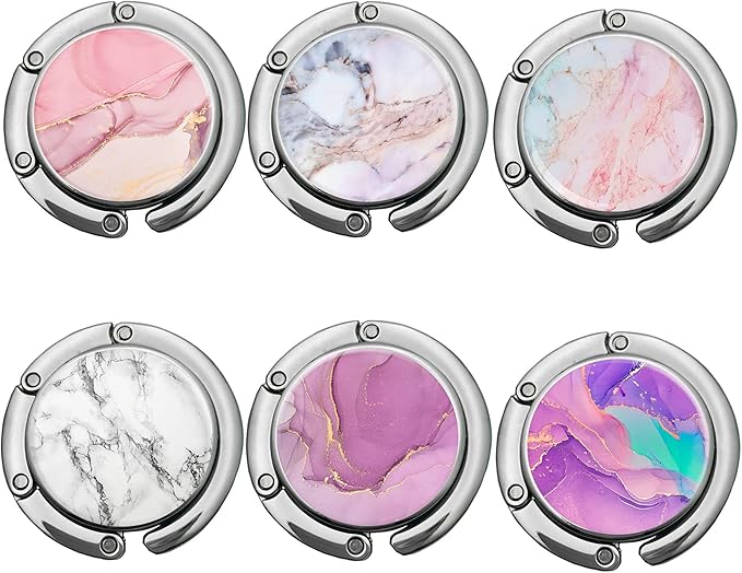 Bosketo Foldable Purse Hook Womens Bag Table Hanger Collection Desk Hooks for Purse (6pack Pretty Marble Hook)