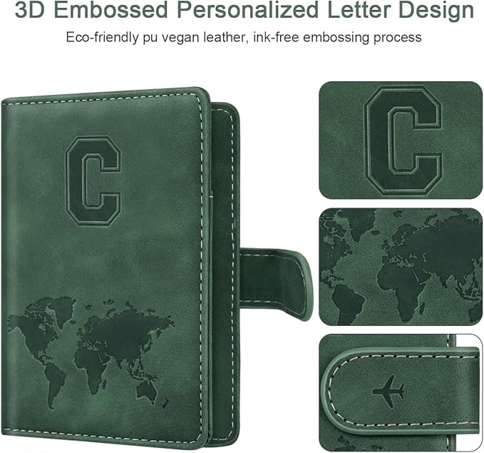 Personalized C Passport Holder Cover Initial Letter Travel Wallet RFID Blocking Passport Cover Credit Card Holder Case Passport Book Holders for Women and Men, Pine Green-C