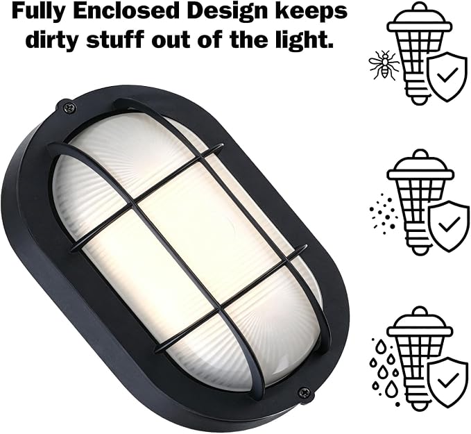 GRUENLICH LED Bulkhead Light Fixture, Aluminum Outdoor Wall Lantern, 8.5" | Oval Exterior Porch Light Wall Sconce for House Walkway Nautical Sauna, Dimmable 6W 600 Lumen, Glass, 3000K, Black, 1 Pack