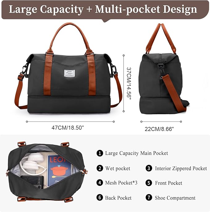 Weekender Bags for Women,Personal Item Travel Bag with Shoes Compartment,Overnight Travel Duffel Bag with Grid Toiletry Bag,Black & Brown
