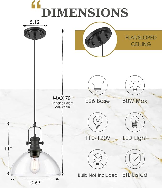 Large Pendant Lights Kitchen Island, 10.5" Farmhouse Black Pendant Lighting with Clear Glass Shade, Vintage Hanging Light Fixtures for Dining Room Entryway, Adjustable Cord, AD-22151-1PL-BK-C