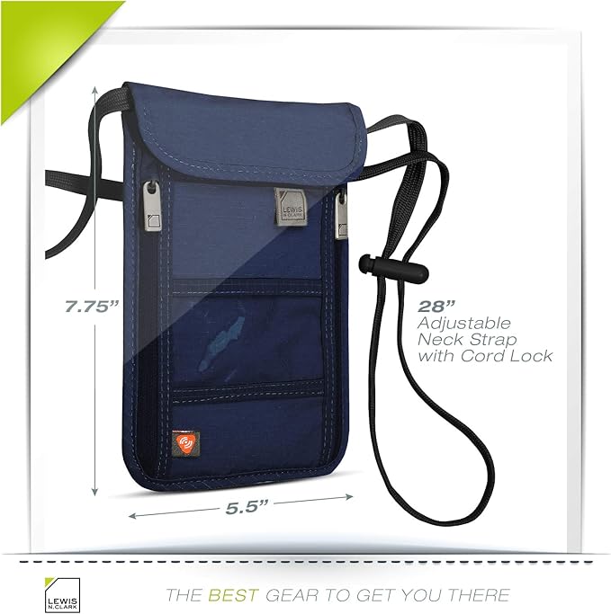Lewis N. Clark RFID Blocking Stash Neck Wallet, Travel Pouch + Passport Holder for Women & Men, Navy