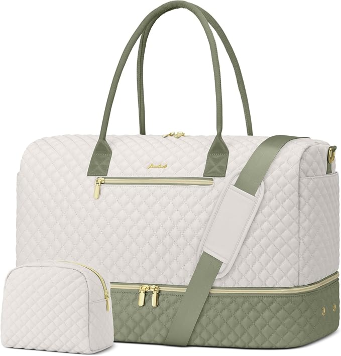 Travel Weekender Duffle Bags for Women - Duffel Bag with Shoe Compartment Carry On Overnight Bag with Toiletry Bag with Wet Pocket for Gym Hospital Bags for Labor and Delivery Beige Green