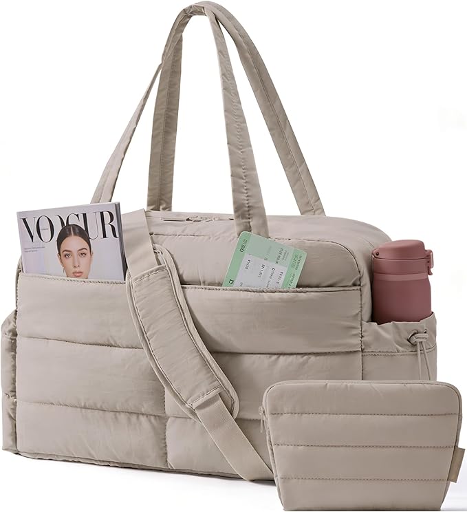 BAGSMART Gym Bag for Women, Lightweight Puffer Duffle Bag 2-PC Travel Bag, 31L Weekender Overnight Bag Quilted Carry On Tote Bag, Diaper Hospital Dance bag for Travel, Gym, Water Resistant, Camel