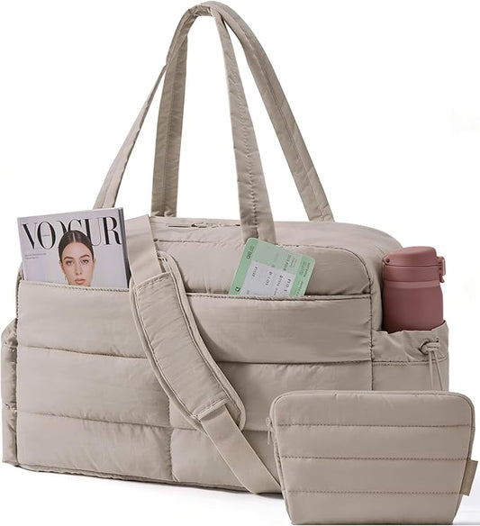 BAGSMART Gym Bag for Women, Lightweight Puffer Duffle Bag 2-PC Travel Bag, 31L Weekender Overnight Bag Quilted Carry On Tote Bag, Diaper Hospital Dance bag for Travel, Gym, Water Resistant, Camel
