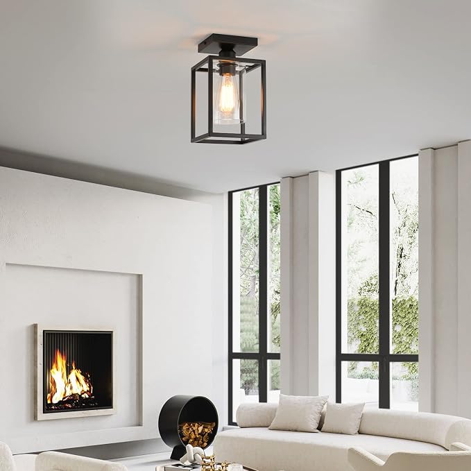 1 Pack Semi Flush Mount Black Metal Frame Ceiling Light with Clear Glass Shade, Farmhouse Fixture for Kitchen, Island, Entryway, Porch, Foyer, Dining Room
