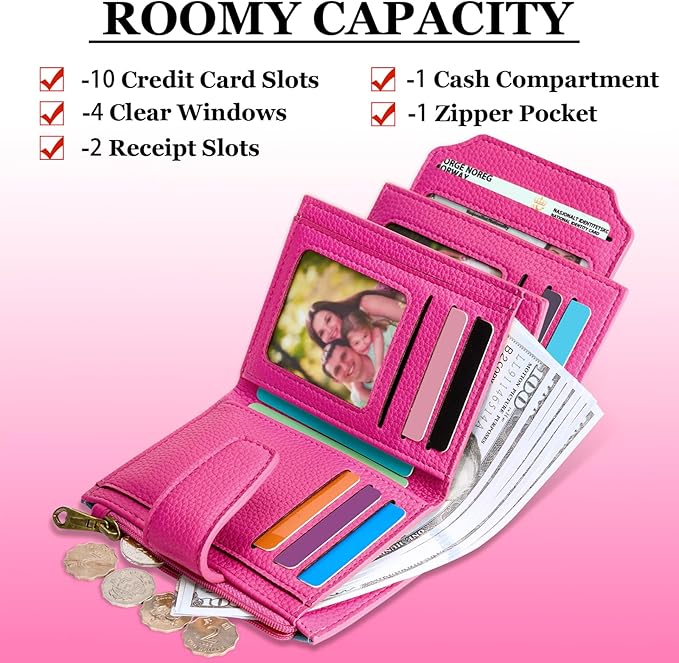 Airkit Small Wallet Women RFID Blocking Soft Leather Bifold Compact Card Holder Wallet for Women with Zipper Coin Pocket 4 ID Window