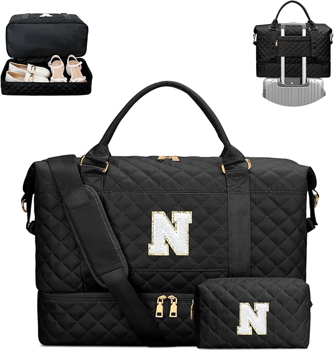Gifts for Women Teen Girls Initial Travel Duffle Bag Quilted Weekender Bags Carry-On Overnight with Cosmetic Bag Hospital Bag for Women Labor Delivery, Black N
