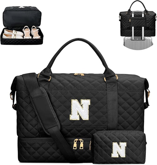 Gifts for Women Teen Girls Initial Travel Duffle Bag Quilted Weekender Bags Carry-On Overnight with Cosmetic Bag Hospital Bag for Women Labor Delivery, Black N