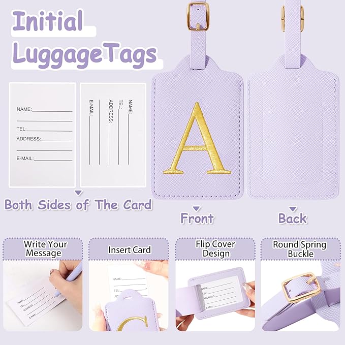 Initial Luggage Tags for Suitcases, Cute Embroidered Letter Luggage Bag Suitcase Identifier Name Baggage Tag, PU Leather Travel Luggage Tags, Bag Tags for Men Women Kids Luggage Handbags(Purple A)