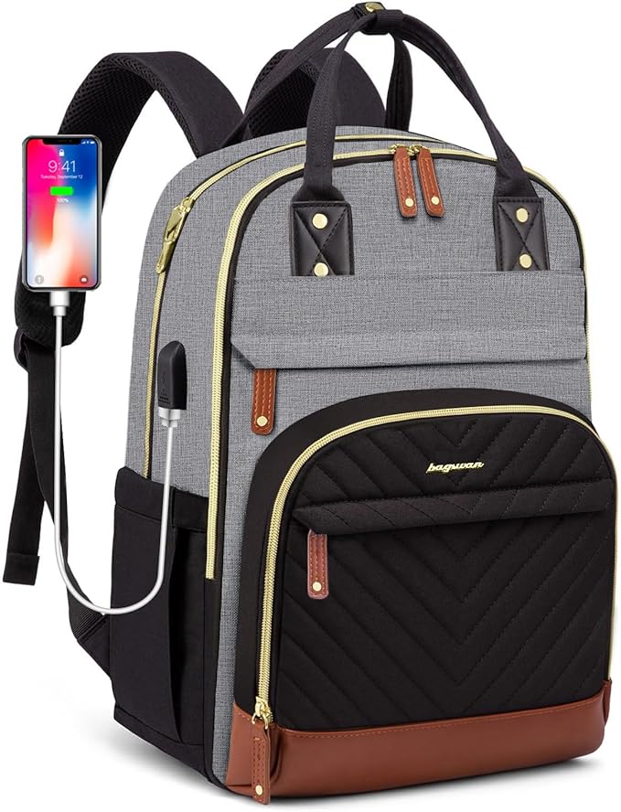 Laptop Backpack for Women Work Bag - Fits 17.3 Inch Laptop Bag Travel Work Backpack Anti-theft Bags with USB Charging Business Computer Waterproof Backpack Purse for Nurse Teacher Black Grey Brown