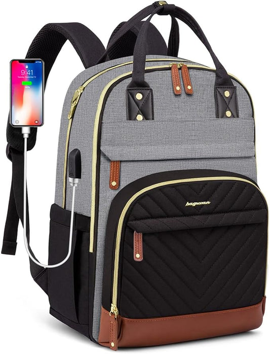 Laptop Backpack for Women Work Bag - Fits 17.3 Inch Laptop Bag Travel Work Backpack Anti-theft Bags with USB Charging Business Computer Waterproof Backpack Purse for Nurse Teacher Black Grey Brown