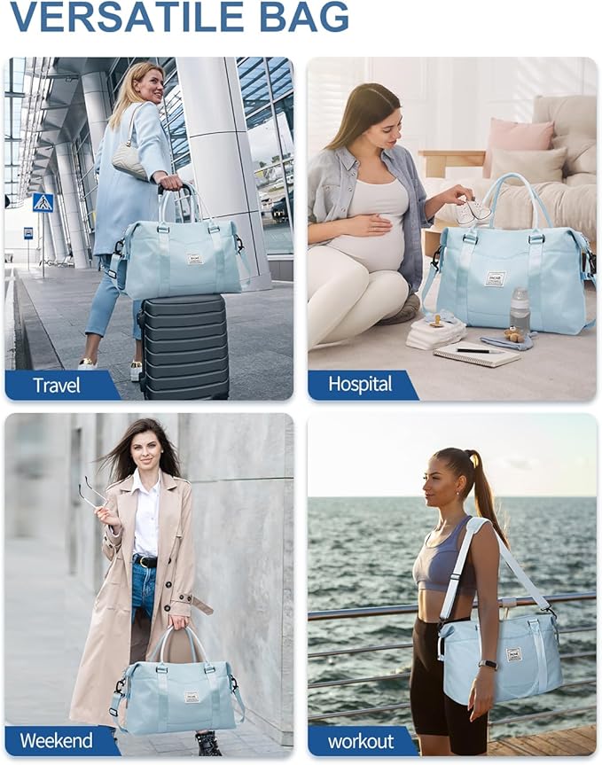 BAGAIL Travel Duffel Bag, Weekender Bags for Women, Overnight Gym Carry On Tote Bag with Wet Pocket, Hospital Mom Bag for Labor and Delivery - Light Blue