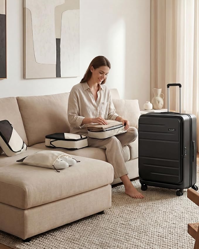 LUGGEX Checked Suitcase with Spinner Wheels and Travel Packing Cubes Bundle,FLO5 Top Opening Expandable Polycarbonate Hard Shell Suitcase (FX-Core, Black, 28 Inch)