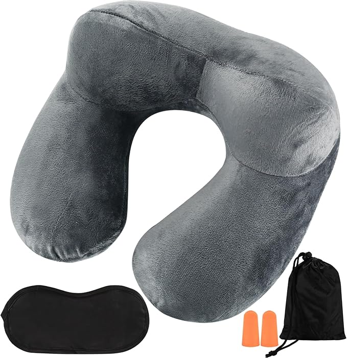1 PcsInflatable Travel Pillows for Sleeping Airplane Inflatable Neck Pillow for Traveling Pillow Inflatable Travel Neck Pillows for Airplanes Sleeping, Train, Car, Office, with Eye Masks, Earplugs