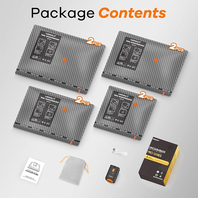 Travel Vacuum Storage Bags with Wireless Rechargeable Electric Pump, 8 Pack Travel Essentials Vacuum Seal Bags for Clothing, Space Saver Compression Packing Bags for Luggage, Suitcase, Backpack, Home