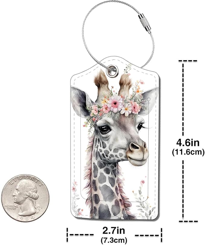 2 Pack Luggage Tag for Suitcase, Cute Unique Leather Bag Tags Identifiers Privacy Cover ID Label with Durable Steel Loop for Women Men Kids Girls Travel，GiraffeE