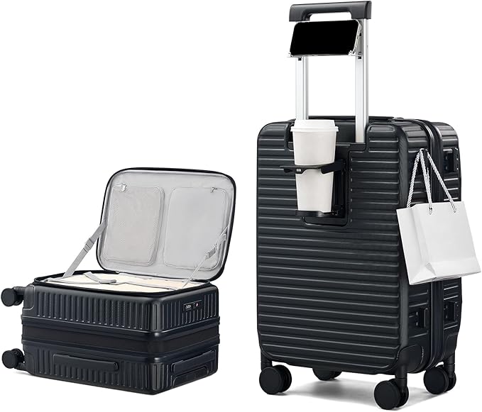 HanTrip 20 Inch Carry on Luggage 22x14x9 Airline Approved Hard Shell Suitcases with Wheels, Top Opening Expandable Carry on Luggage with Cup Holder Small Rolling Suitcase with Lock, Black