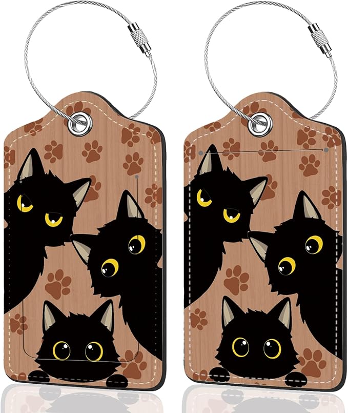 2Pack Luggage Tags for Suitcases, Cute Unique Pu Leather Cruise Luggage Tag with Privacy Cover ID Label Address Card and Metal Ring Suitable for Women Men Kids Travel Bag Black cat
