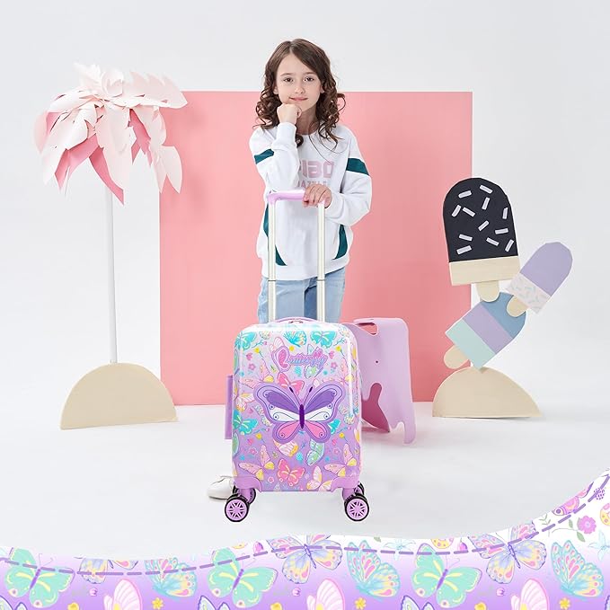 Kid's Luggage Set 5 Piece Suitcase Set 16" Hardside Luggage with Spinner Wheels Girls Carry on Toddler Travel Rolling Suitcase with Neck Pillow Airline Approved