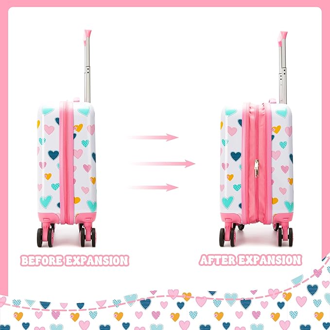 Kid's Luggage Set 2 Piece Suitcase Set Hardside Luggage with Spinner Wheels Girls Carry on Toddler Travel Rolling Suitcase with Neck Pillow Airline Approved