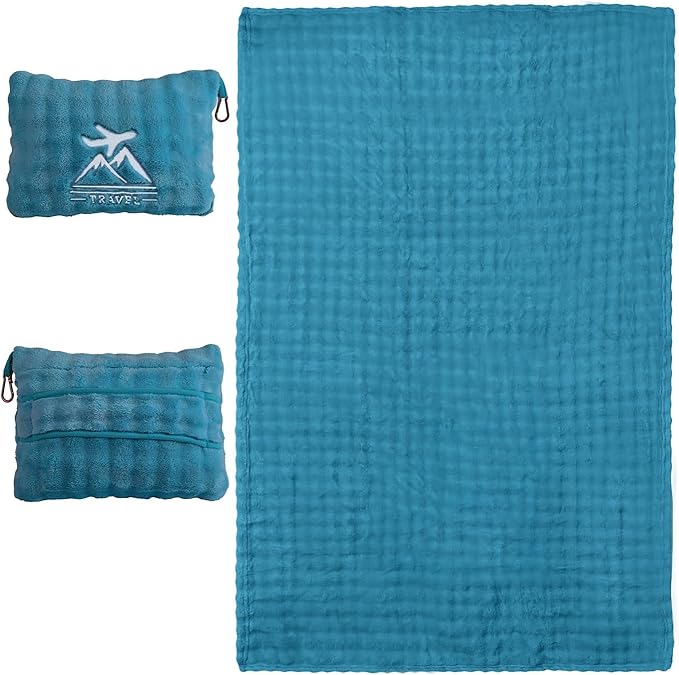Travel Blanket and Pillow-2-in-1, Ultra-Soft&Compact, Airplane Blanket with Hand Luggage Belt and Backpack Clip,Travelers Accessories Gifts, 61x43 Inches（Green）