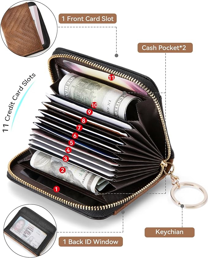 BOSTANTEN Credit Card Holder Wallet RFID Blocking Leather Small Wallet for Women Zipper Keychain Wallet with Wristlet Brown＆Black
