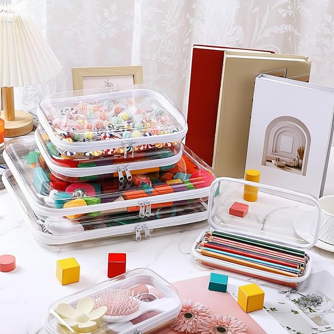 Sanwuta 6 Pcs Clear Hard Zipper Case Plastic Zipper Pouches Transparent Makeup Bag Pencil Case Pouches Toiletry Diaper Bag for Travel Toy Storage Organizer Bins(Clear,Three Sizes)