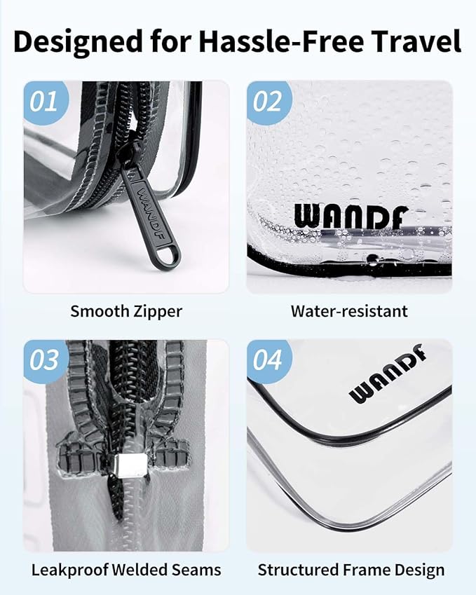 TSA Approved Clear Travel Toiletry Bag wih Zippers Carry-on Travel Accessories Quart Size Toiletries Cosmetic Pouch Makeup Bags for Men and Women (4pcs)