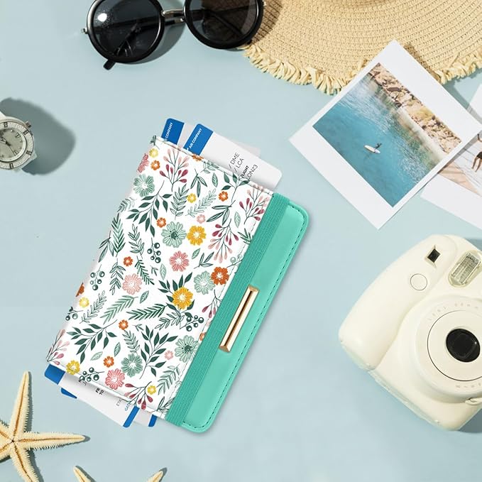 Passport Holder Cover, RFID Travel Wallet Credit Card Holder Green Cute Floral Passport Book Holders for Women with Elastic Band and Golden Metal Decoration, Green Daisy