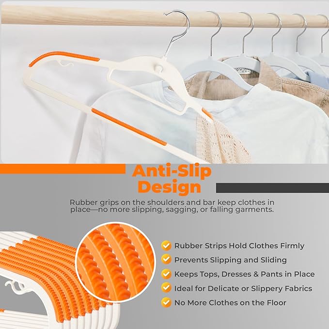Lightweight White Plastic Hangers 20 Pack with Cascading Hook, Space Saving Thin, Closet Organizer, Orange Anti-Slip Pads, 360° Swivel, Tie Holder