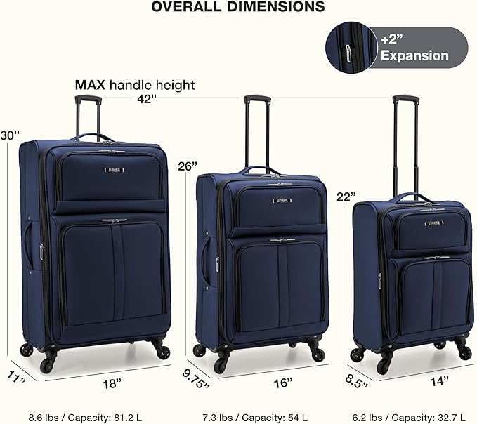 U.S. Traveler Anzio Softside Expandable Luggage with Spinner Wheels, Navy, 3-Piece Set (22/26/30)