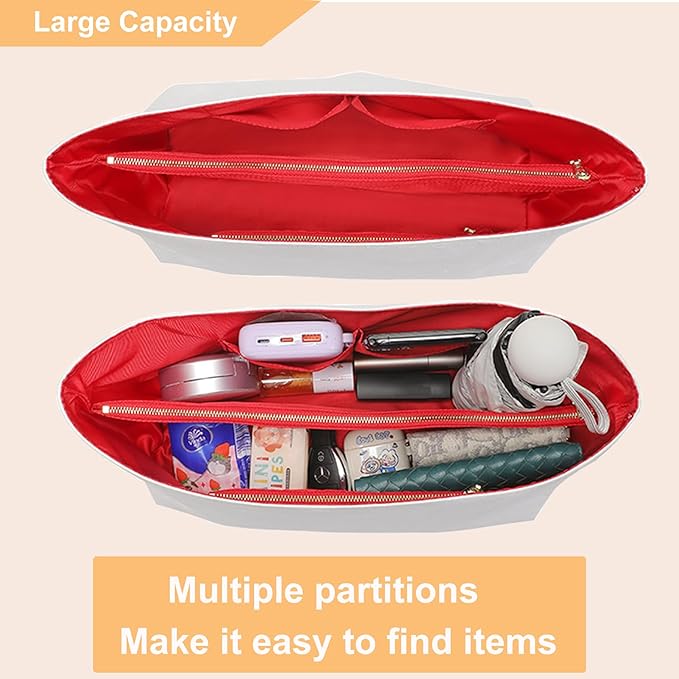 Doxo Purse Organizer Insert,Tote Bag Insert for LV Neverfull MM,Longchamp Le-pliage L and More,Ultra Lightweight Bag Organizer Insert with Zipper(Large,White-red)