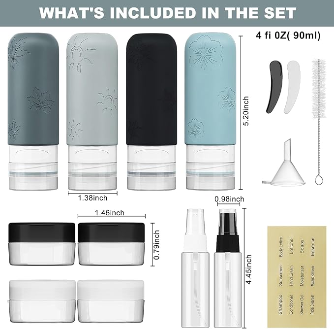 16 Pack Travel Bottles for Toiletries, Silicone TSA Approved-Containers for Toiletries,3oz Silicone Travel Bottles Set Leak Proof Refillable Liquid,Shampoo and Conditioner Travel Toiletry Bottles Grey