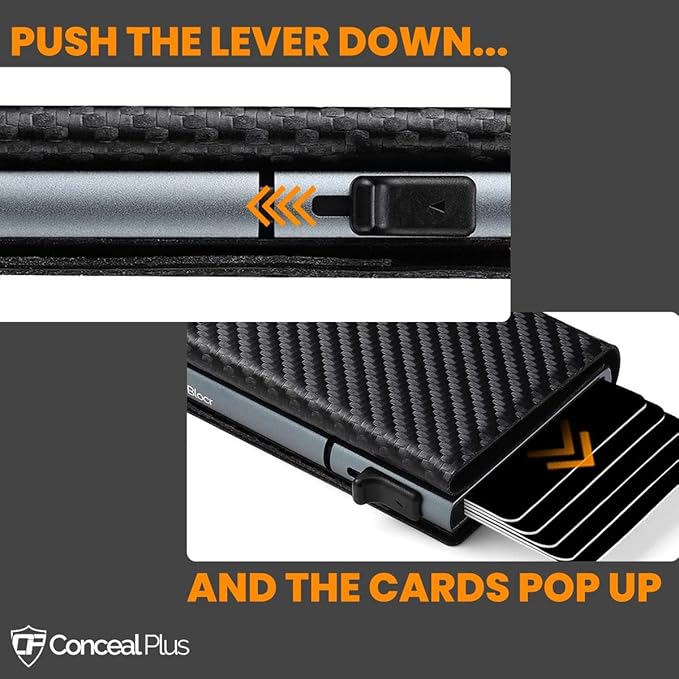 Conceal Plus Card Blocr Pop Up Wallet for Men - Slim Metal RFID Blocking Card Holder (4-6 Cards Ejector) - Minimalist Smart Front Pocket Wallet with Internal Cash + ID Storage