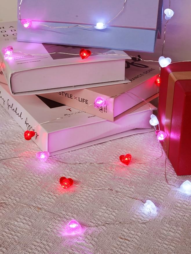 Heart Fairy Lights Battery Operated Valentines String Lights Red Pink White | 10FT 30LED, Timer, Waterproof Silver Wire, Cuttable Fairy String Light Indoor for Anniversary Wedding Christmas Home Decor