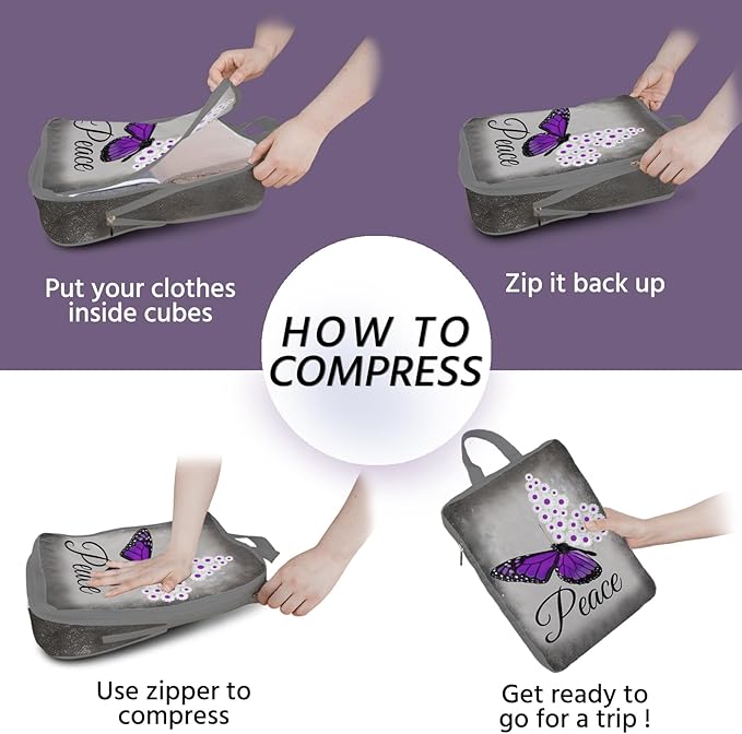 6 Pcs Compression Packing Cubes Waterproof Suitcase Travel Bag Luggage Backpack Organizer Travel Cubes for Packing-Purple Butterfly