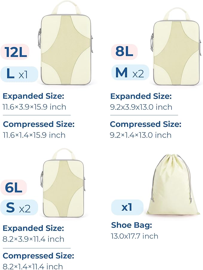 BAGSMART Compression Packing Cubes for Travel, Compressible Luggage Organizer for Cruise Ship, Lightweight Travel Essentials 6-Pack 1L+2M+2S+1Shoe Bag